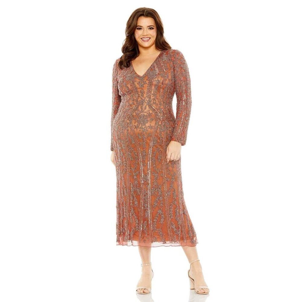 New Mac Duggal Size 16W Brown Orange Beaded Long Sleeve Evening Cocktail Dress